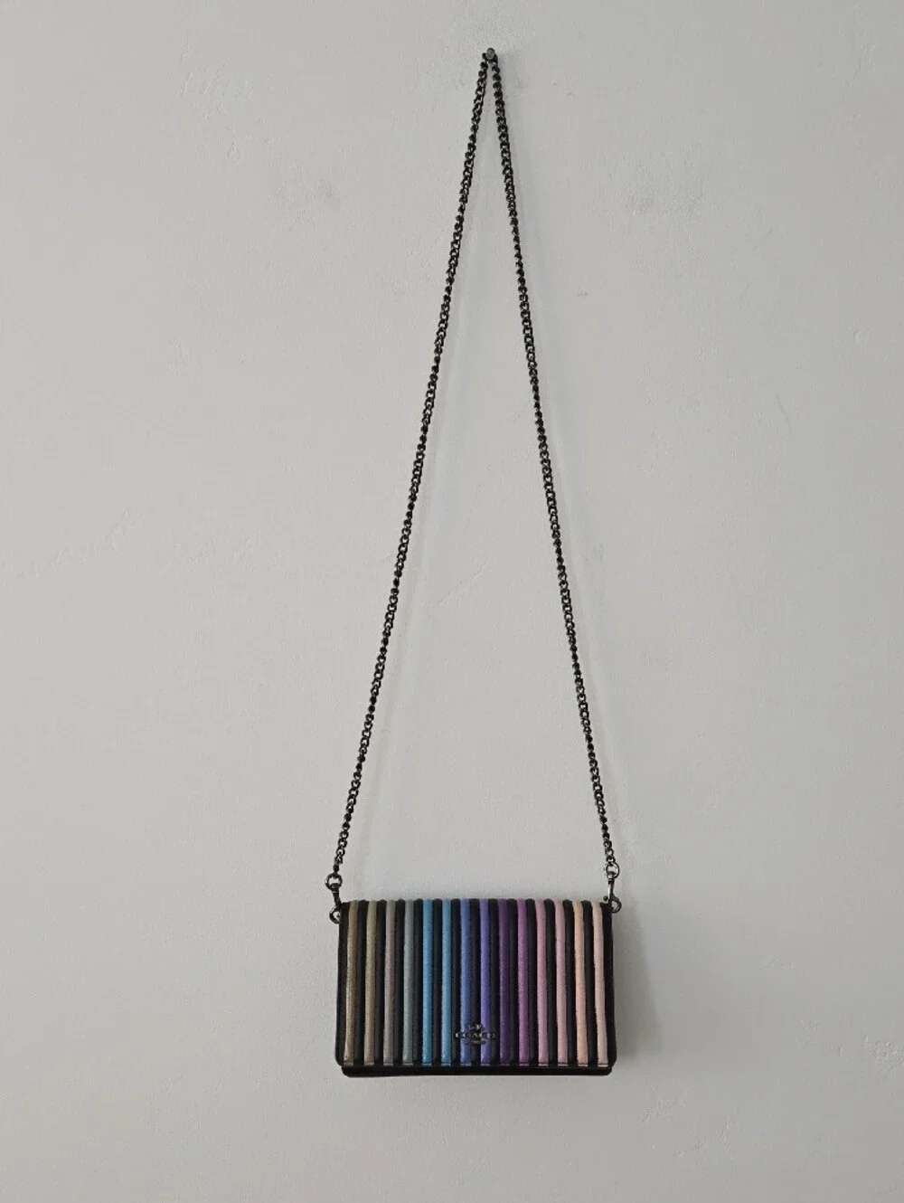 COACH Multicolor Ribbed Leather Crossbody — Black Trim with Pastel Stripe Panel
